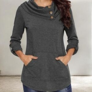 Soft Surroundings Pullover Tunic Kassidy Cowl Neck French Terry Buttons Gray 1X